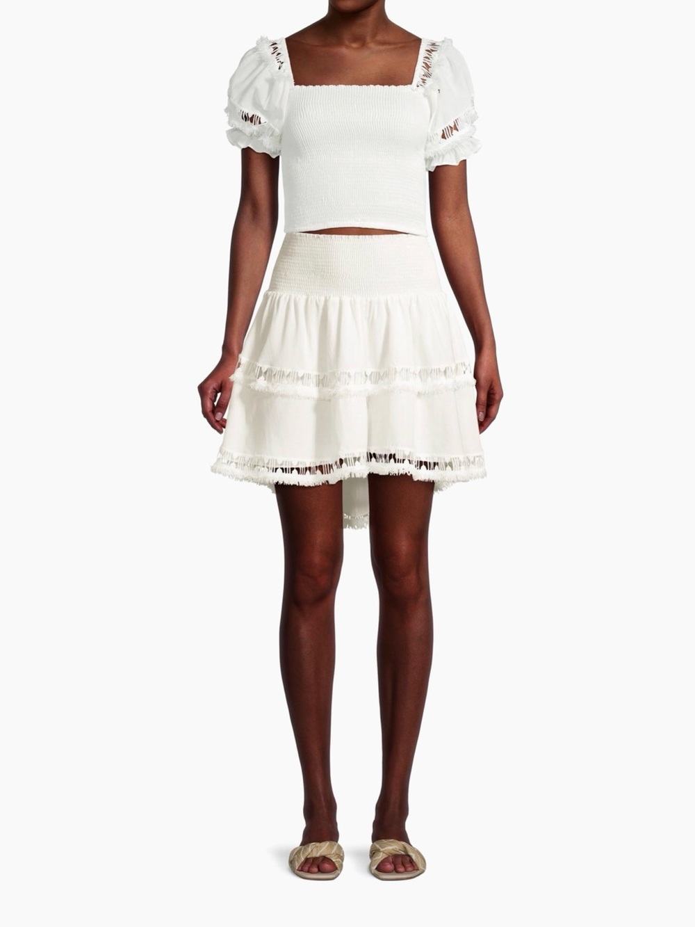 Peixoto Simone White Smocked Waist Tiered Fringe Mini Skirt - Size Large